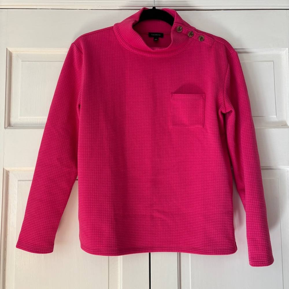 Talbots‎ Pink Waffle Knit Mock Neck Pullover Sweater Button Shoulder Pocket XS - Picture 2 of 13